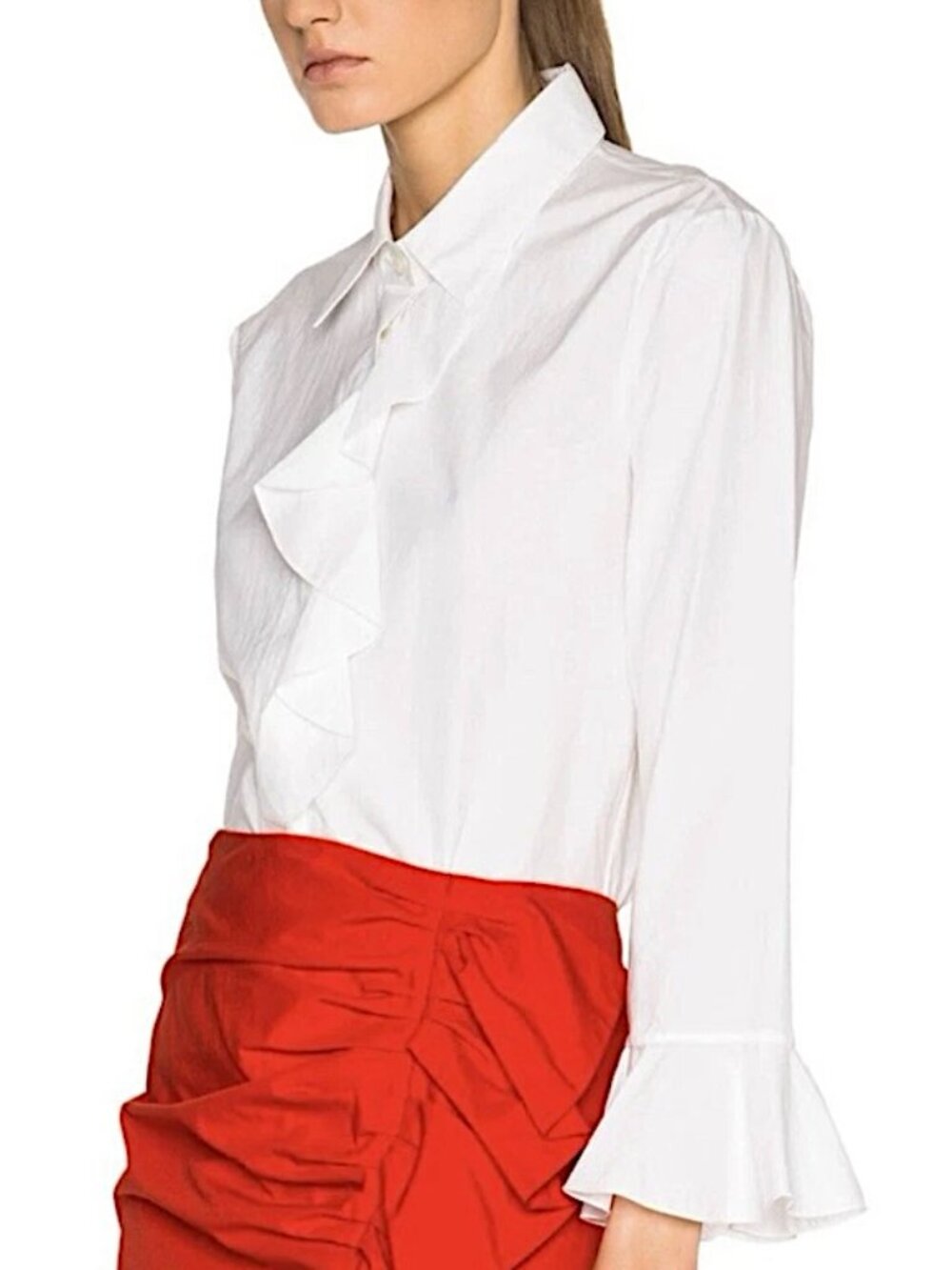 ISA ARFEN Flounced Silk Blend Poplin Button Up Ruffled Blouse Size 10 Ivory